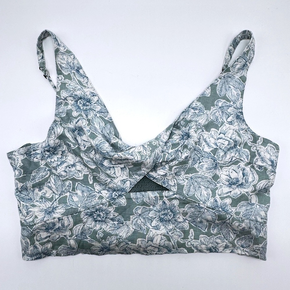 Abercrombie & Fitch Floral Twist Front Smocked Crop Top Sage Blue XL Sleeveless